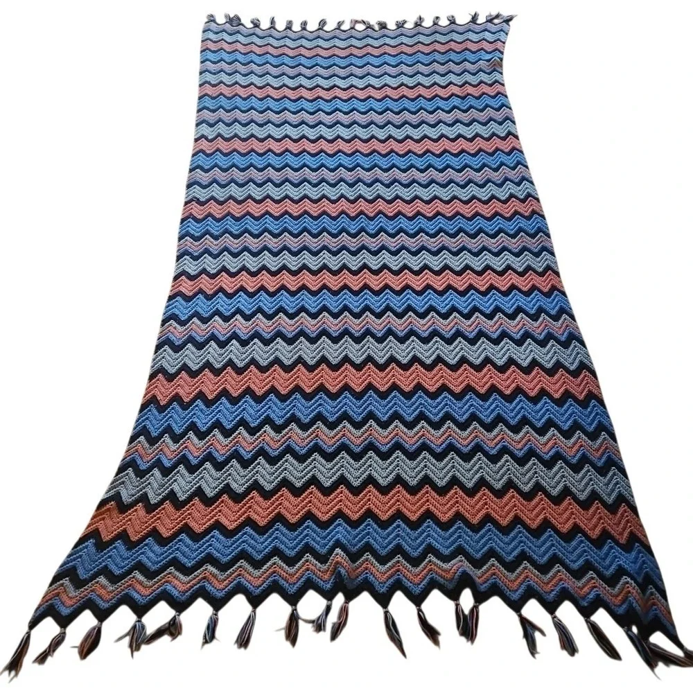 Vintage Handmade Chevron Crochet Blanket Blue Pink 1970s Afghan 95